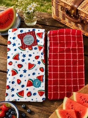 Patriotic Watermelon & Red Check Kitchen Towels